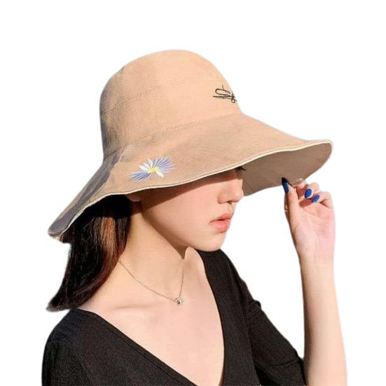 Women Summer Reversible Marguerite Embroidery Sun Protection Hat Fisherman Cap