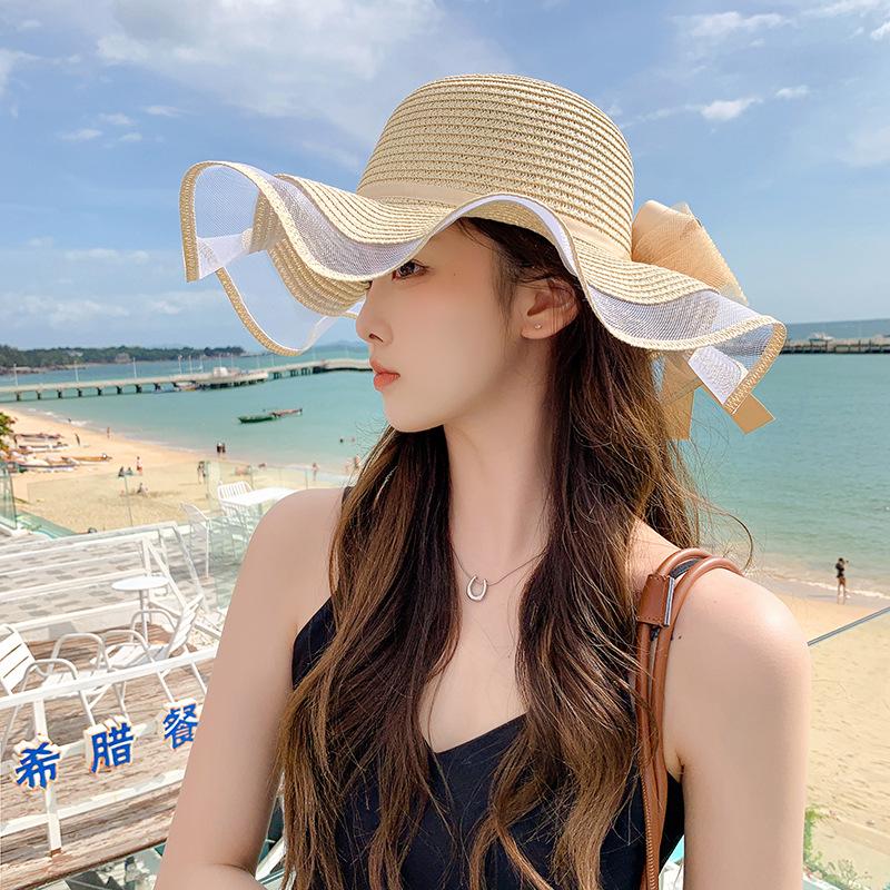 2024 Spring/Summer New Sun Hat with Ribbon Knot Decoration for Adult Straw Hat Sunscreen Beach Hat Elegant