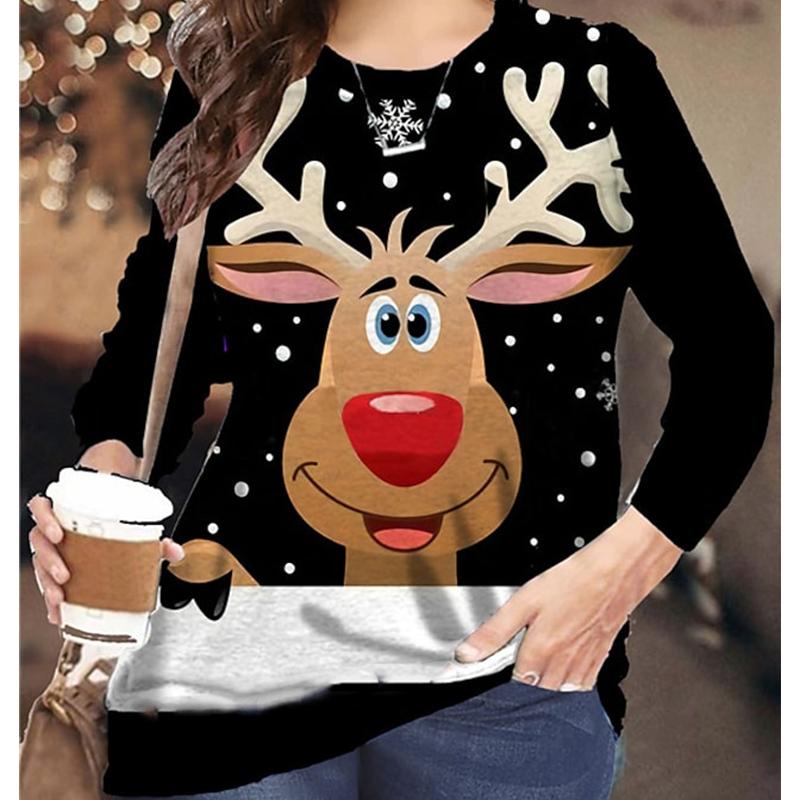 

Женские Осенние Топы Свободная Кошка Рождественская Тема Принт Причинная Футболка Длинный Рукав Топ Блузка