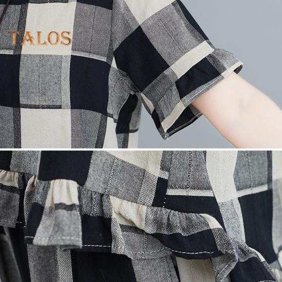 Dámský dvoudílný set s krátkým rukávem a teplákovými kalhotami ve velké velikosti, ležérní kostkovaný, volný, letní