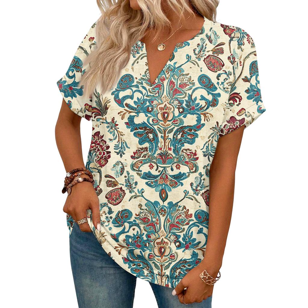 Stylish Women's Casual V-neck Short-sleeved Retro Print T-shirt
