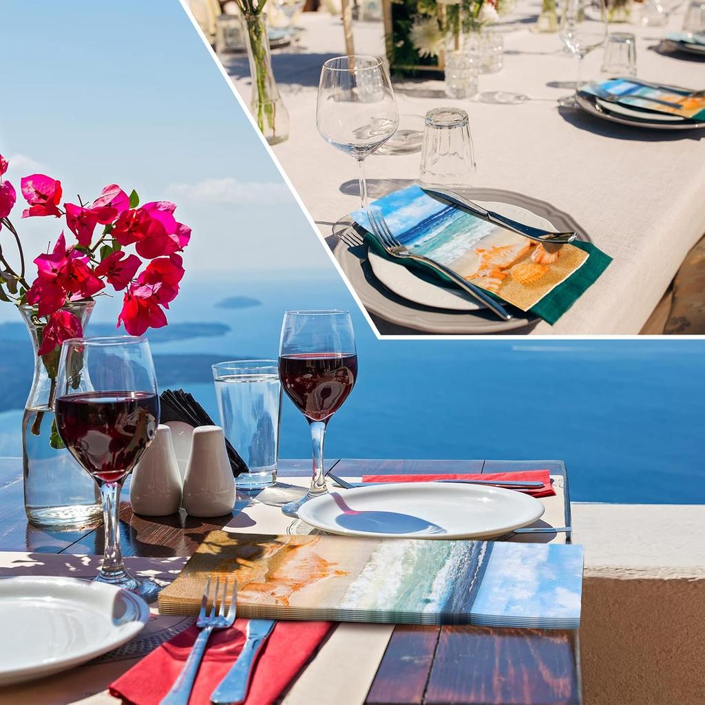 Crtiin 200 Pieces Nautical Beach Guest Napkins Bathroom Disposable Summer Tropical Ocean Coastal Towels Seashell Sea Beverage Paper Hand Napkins