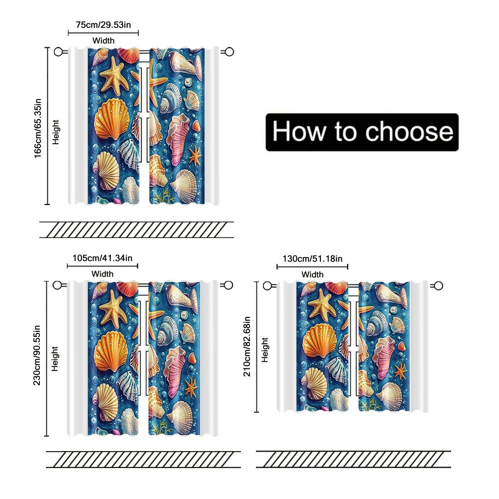 Set Of 2 Filtering Curtains Excluding Rods Non Movable Without Batteries Colored Starfish Shells Blue Curtain Polyester