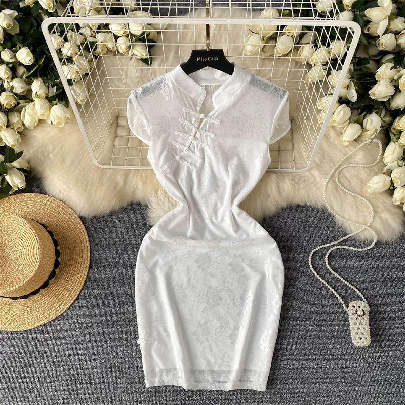

Retro New Chinese Zen Cheongsam Dress Women s Summer Buckle Jacquard Stylish Pure Want to Waist Bodycon Dress White L