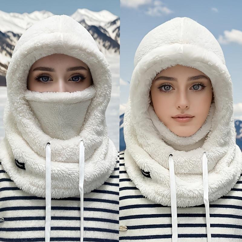 1PC Women's Winter Plush Mask Cap - Elastic Drawstring Closure, Light and Warm, Solid Color Soft Polyester Fiber Material, Hand Washable