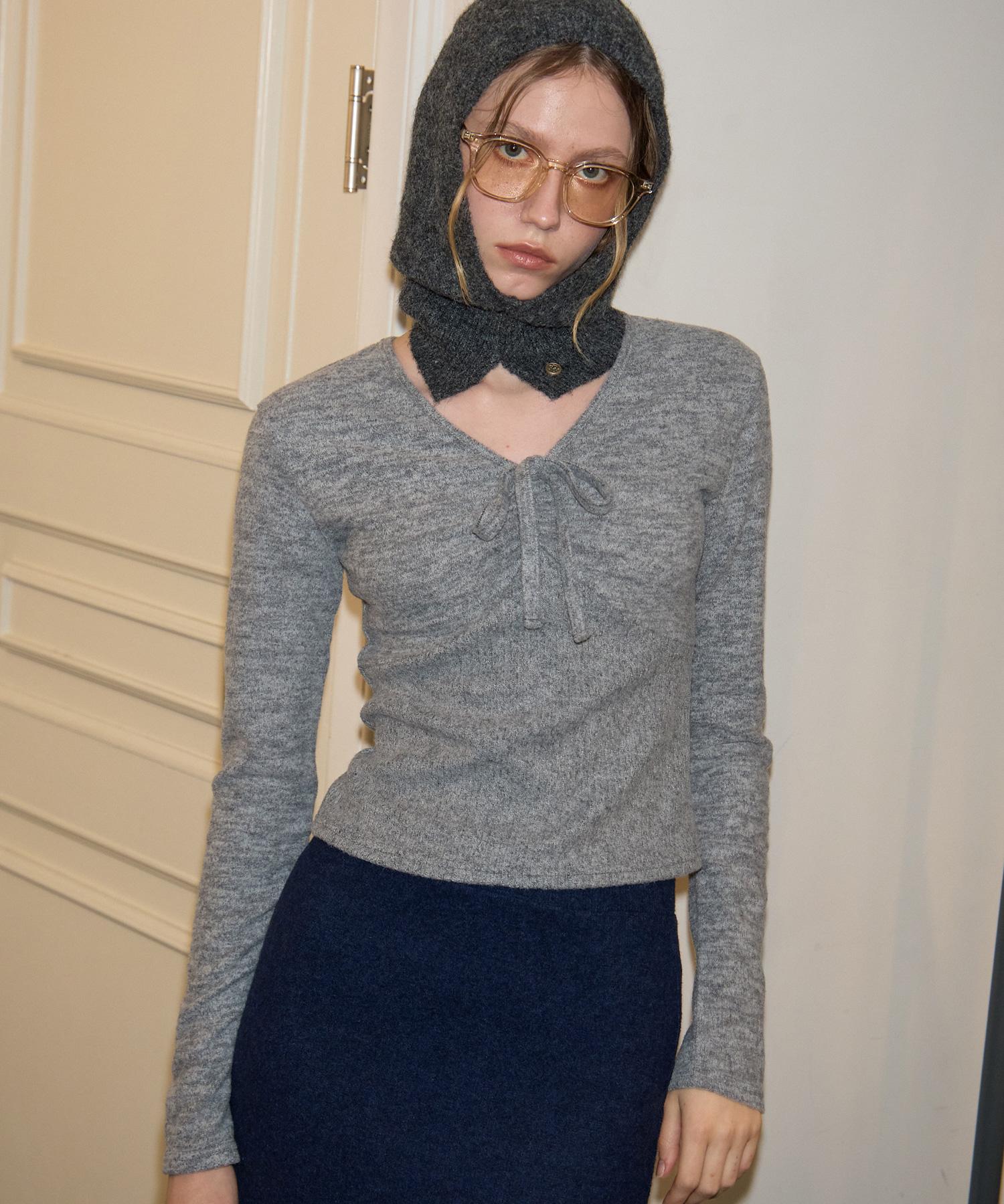 Salon De Yon V-Neck Ribbon Shirring Knit_ Gray S