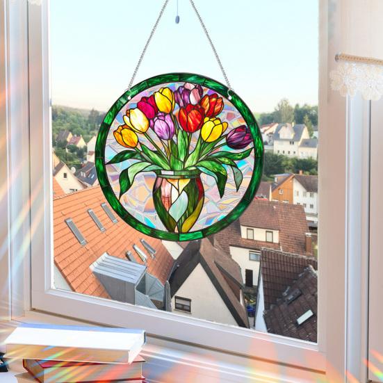 Stained Glass Window Hanging Ornament Colorful Acrylic Suncatcher Panel with Chain