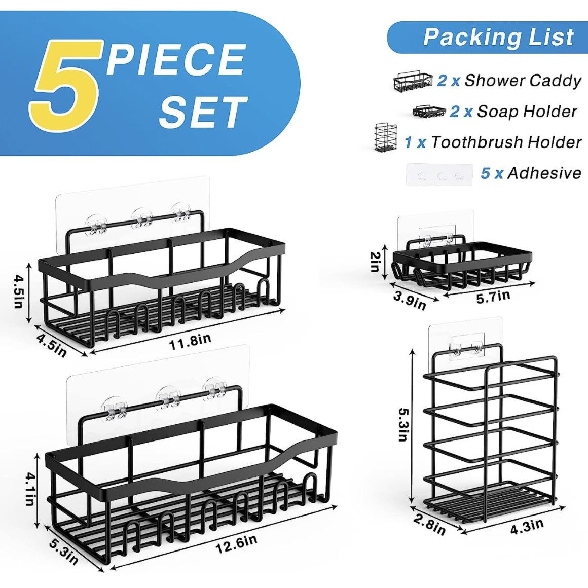 

Adhesive Shower Caddy, 5 Pack Rustproof Stainless Steel Bath Organizers With Large Capacity, No Drilling Shelves for Bathroom Storage & Home Decor чорний