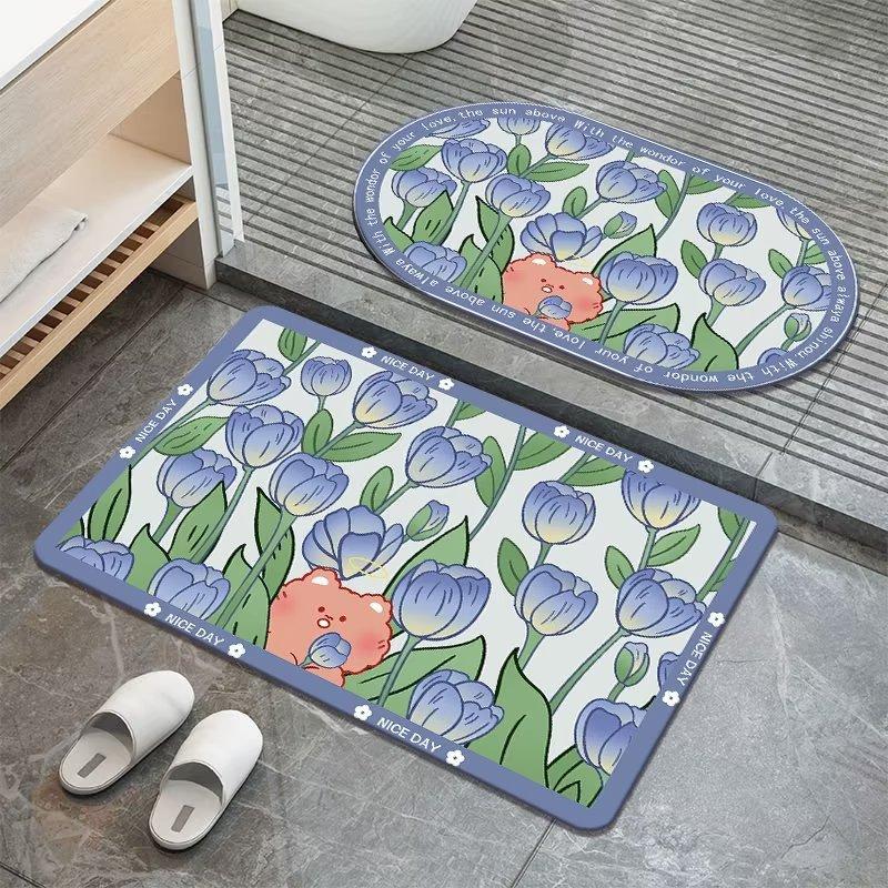 Sweet Flowers Diatom Mud Floor Mat Carpet Bathroom Moisture-wicking Mat Bathroom Quick Drying Mat Hand Washable Slip-resistant Door Mat