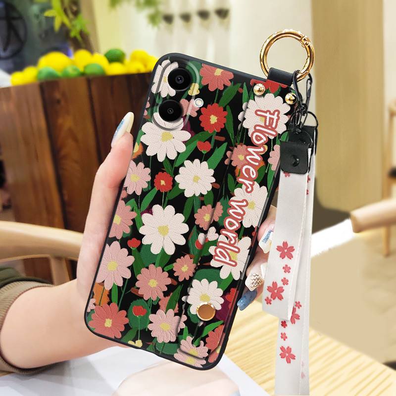 Durable Back Cover Phone Case For Samsung Galaxy A07 Flower Silicone Anti-knock Wrist Strap Shockproof Lanyard Anti-dust