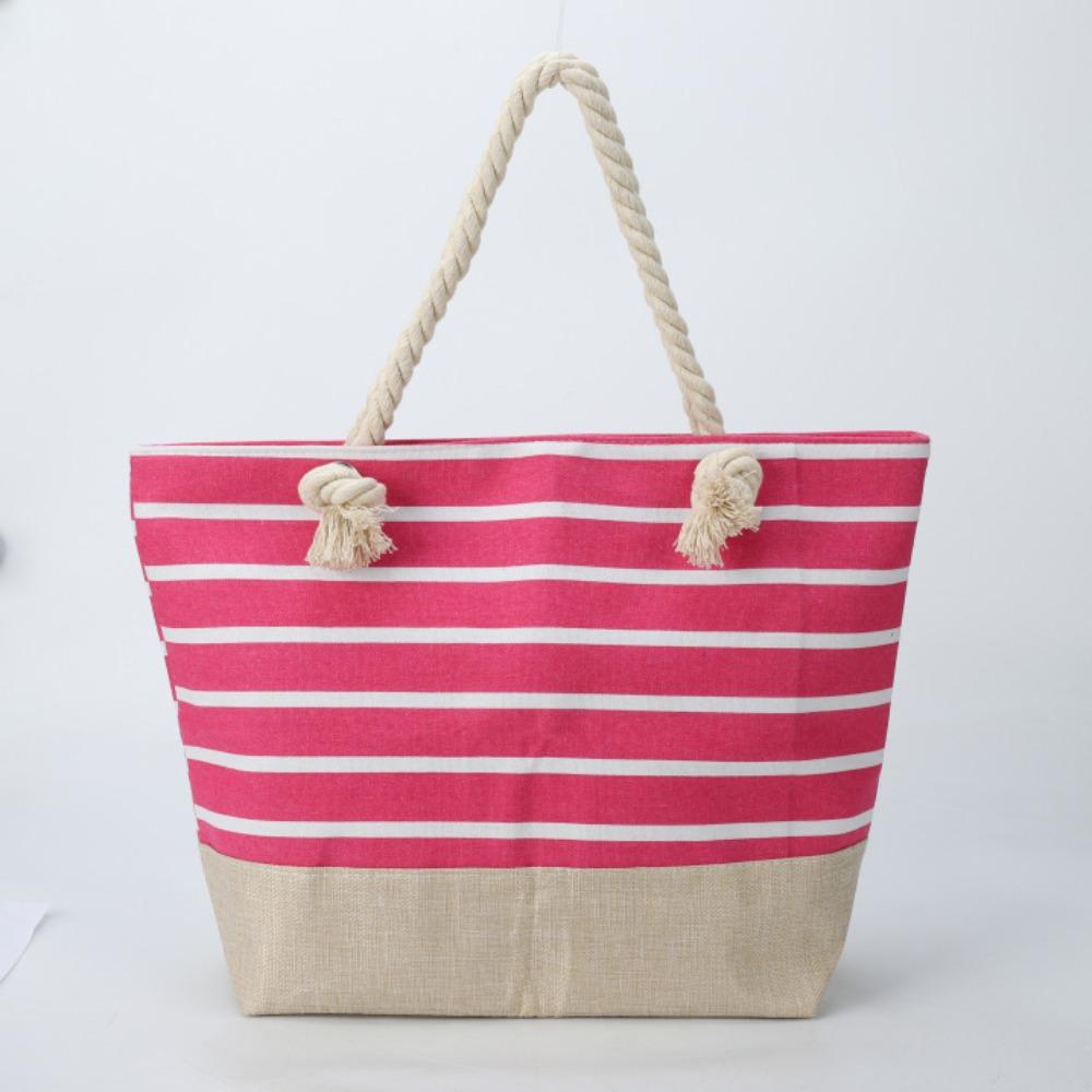 Striped Beach Tote Bag Canvas Foldable Travel Handbag Large Capacity Zipper Gym Grocery Vacation Bags