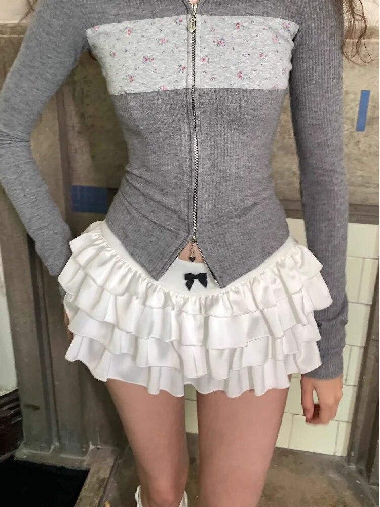 Y2k Kawaii Roztomilé tortové volániky Biela minisukňa Ženy Mašľa Tenká sukňa Elastická páska Letná A-Sukňa Na párty Streetwear