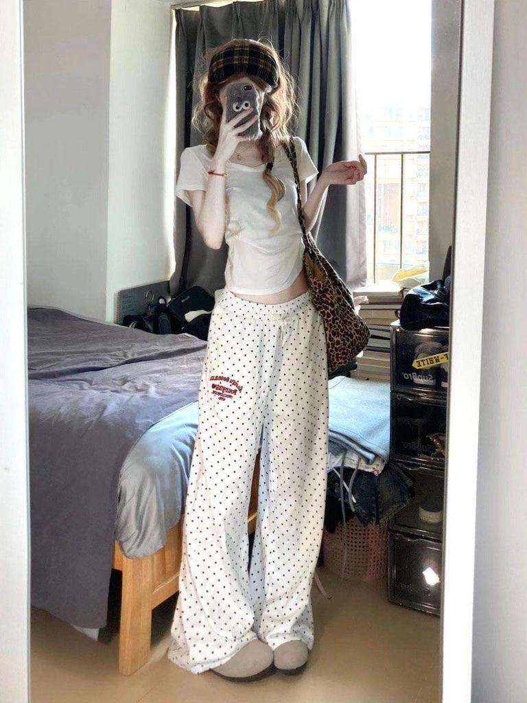 Women's High-Waist Polka Dot Wide-Leg Embroidery Pants - Casual Spring/Summer Straight-Leg, Loose-Fit, Slimming Style.