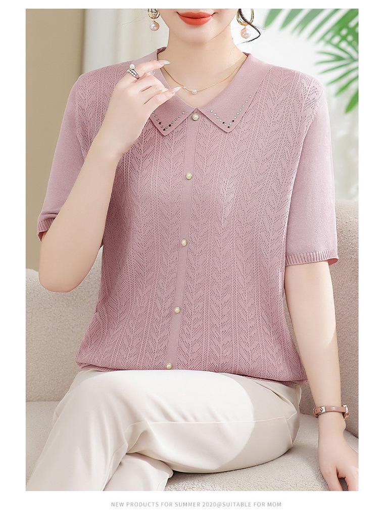 Summer 2025 Ice Silk Knit Doll Collar Cardigan - Women's Short Sleeve Top for Middle-Aged & Elderly