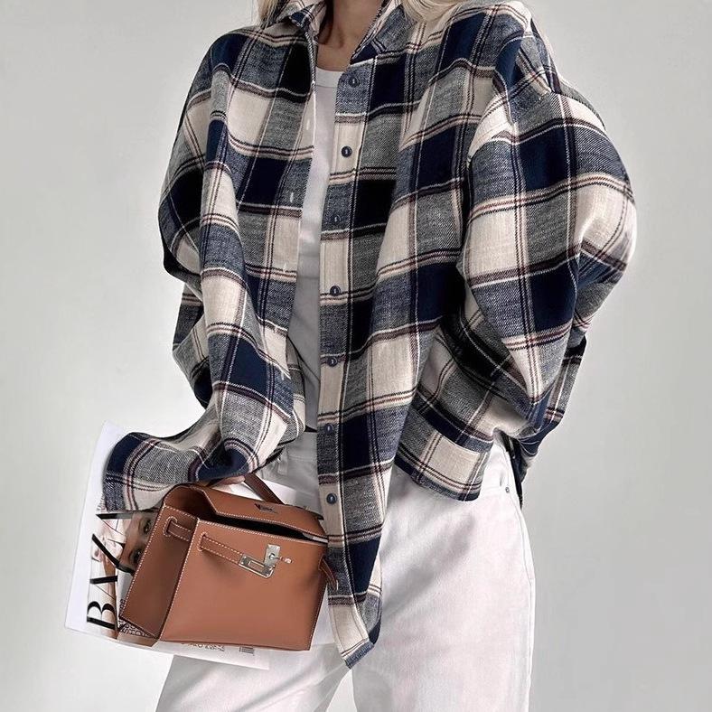 

Plaid Long Sleeve Casual Overshirt - European & American Style Large