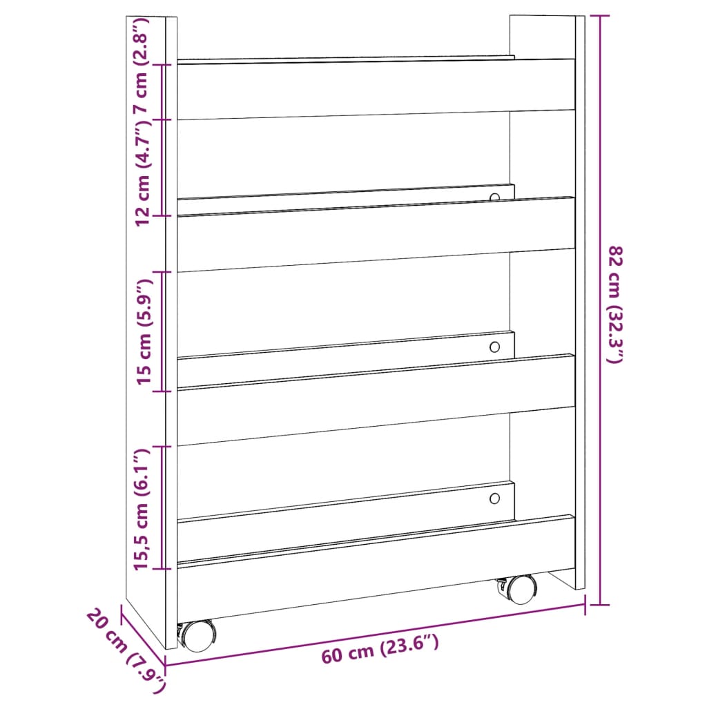 Narrow Storage Trolley 4 Tier Grey Sonoma Particleboard