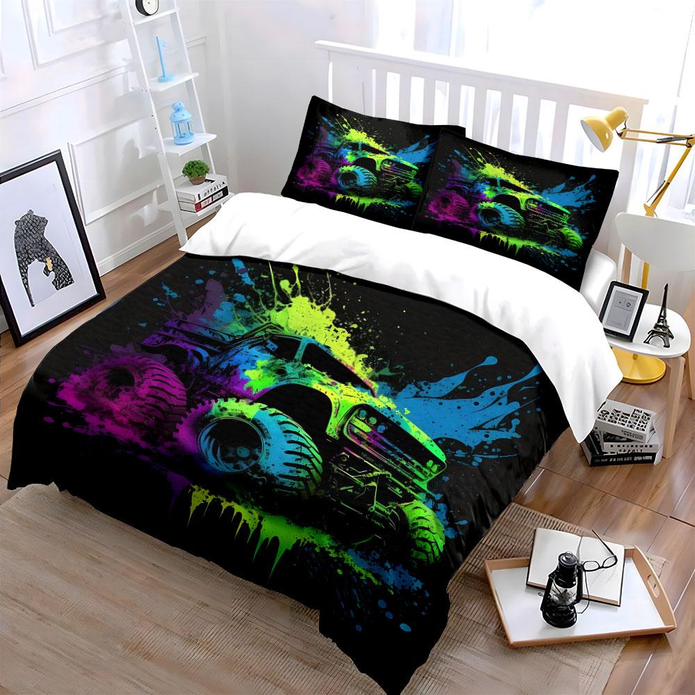 Vibrant Monster Truck Art Printed Duvet Cover Set1 Duvet Cover+2 Pillowcasemulti Size Bedroom Bedding Decor Luxury Gifts
