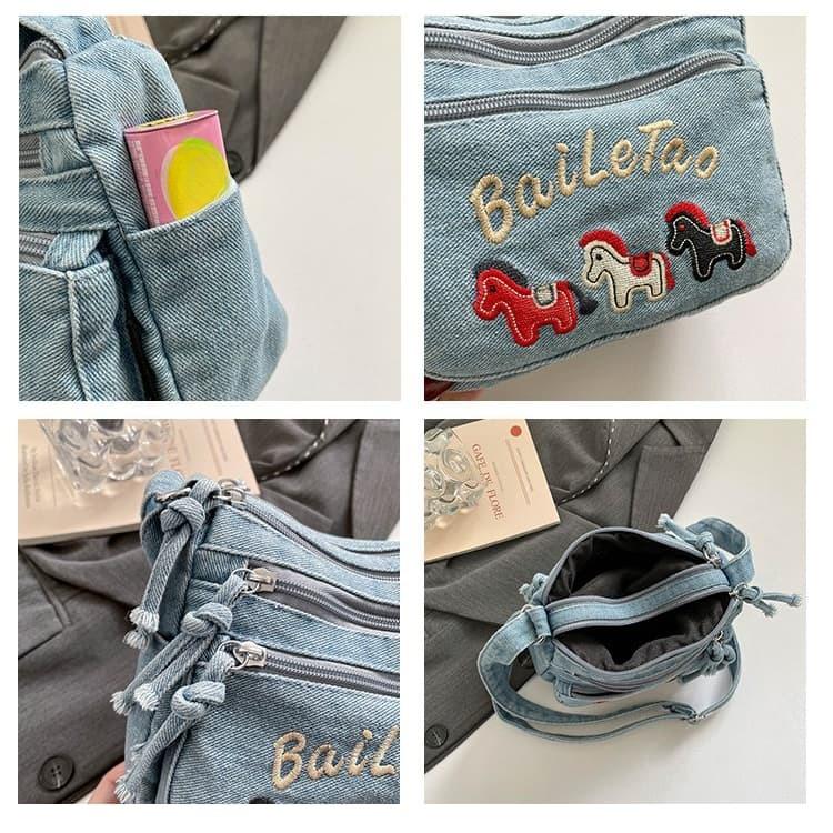Borsa a tracolla da donna in denim con ricamo floreale