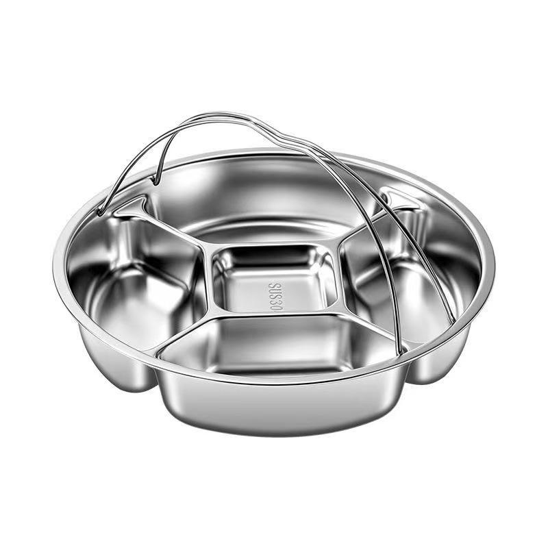 Five-Grid Thickened Stainless Steel Divided Round Plate for Side Dishes, Ideal for Household and Commercial Use