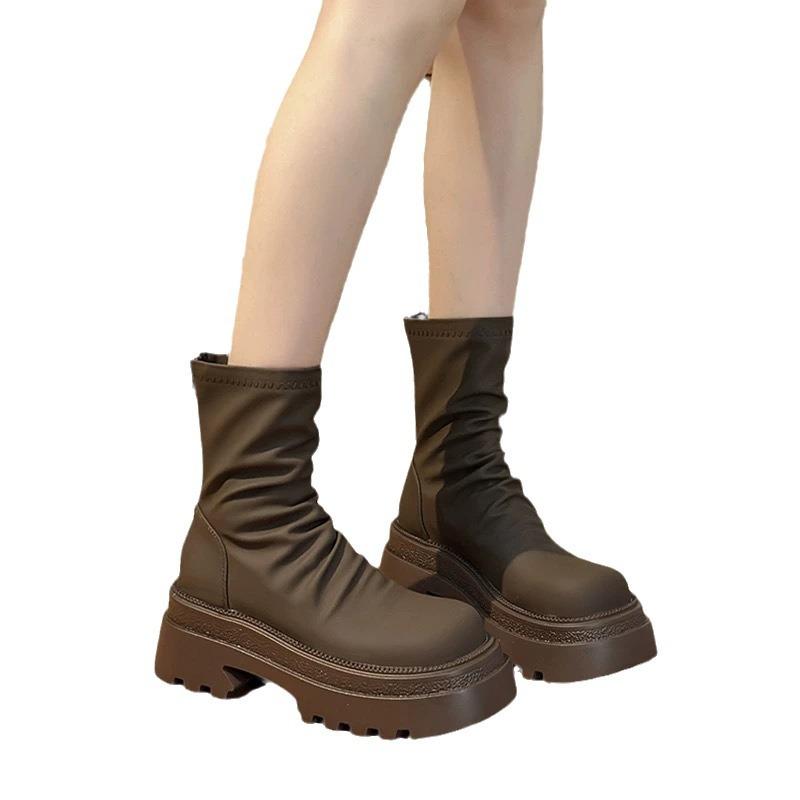 Thick-soled Martin Boots Women's 2025 New Elastic Thin Boots Versatile Thin Pleated Stacking Boots Cigarette Tube Women's Boots
