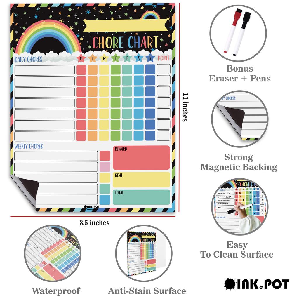 Inkdotpot Magnetic Dry Erase Weekly  Daily Chore Chart Schedule Board for Kids Chores Reward Chart,Good Behavior Chart
