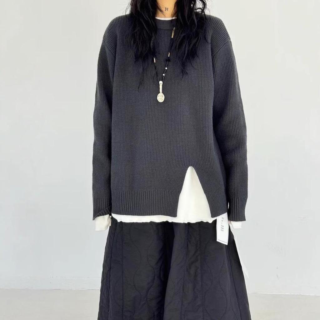 Becabeau Women's Winter Loose Knit Sweater, Plus Size, Korean Casual Style, Split Design, Crew Neck