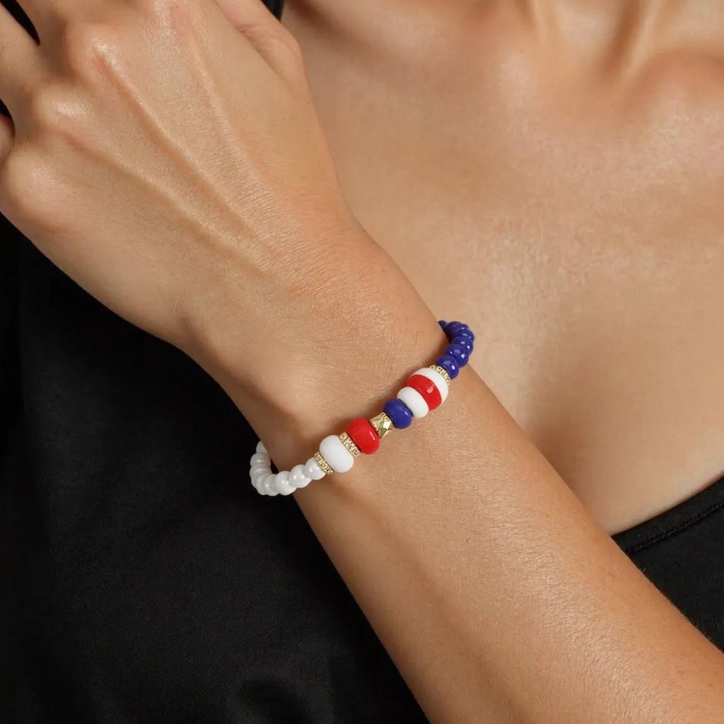 Pack of 6 Fashionable Patriotic Beaded Bracelets Elastic July 4th Jewelry Americans Flag Star Charm Party Accessories