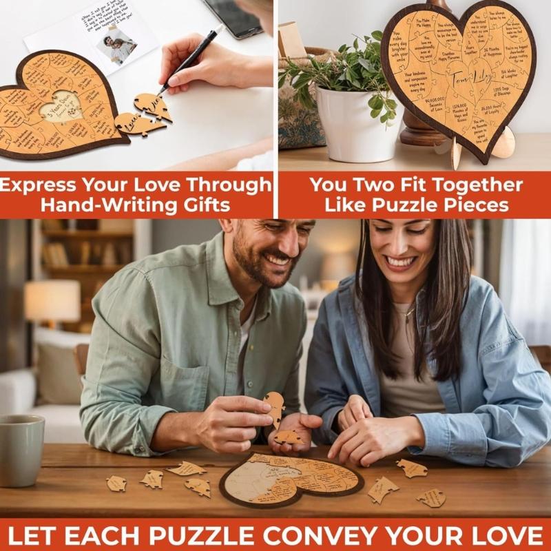 Customizable Wood Heart Puzzle Desktop Decors for 1Year/3rd Year Anniversary Room Decors and Memory Gift for Him or Her