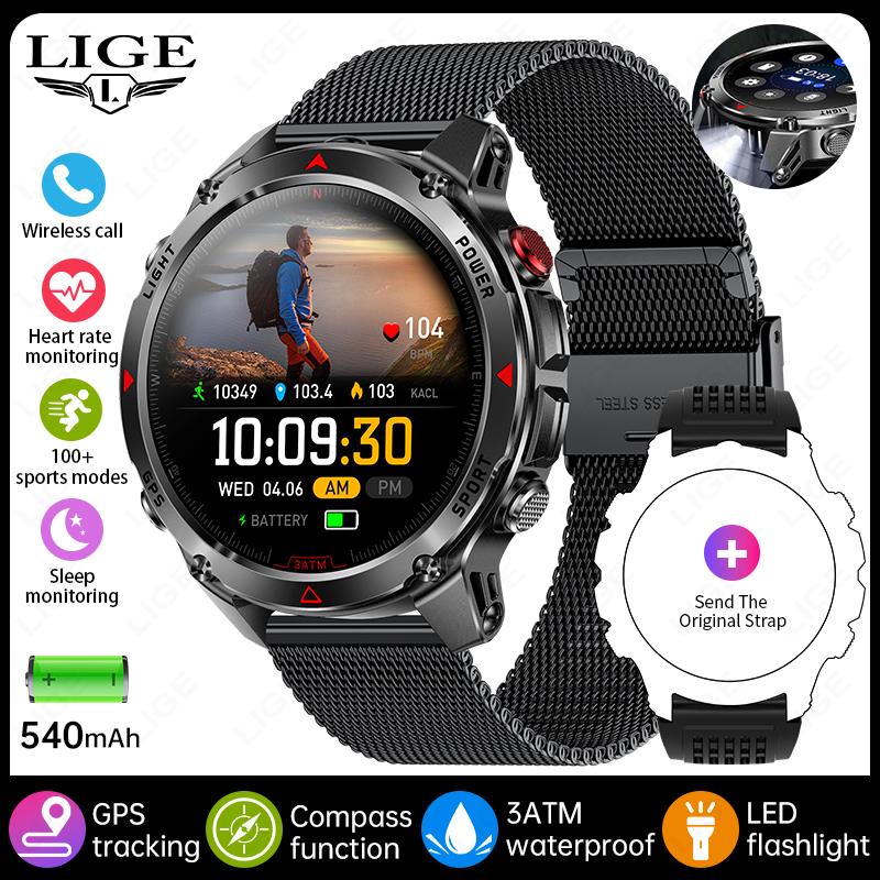 GPS Sports Waterproof Smart Watch Men 1.46“HD Full Touch Screen 500mAh Battery Flashlight Compass Bluetooth Call Smartwatch