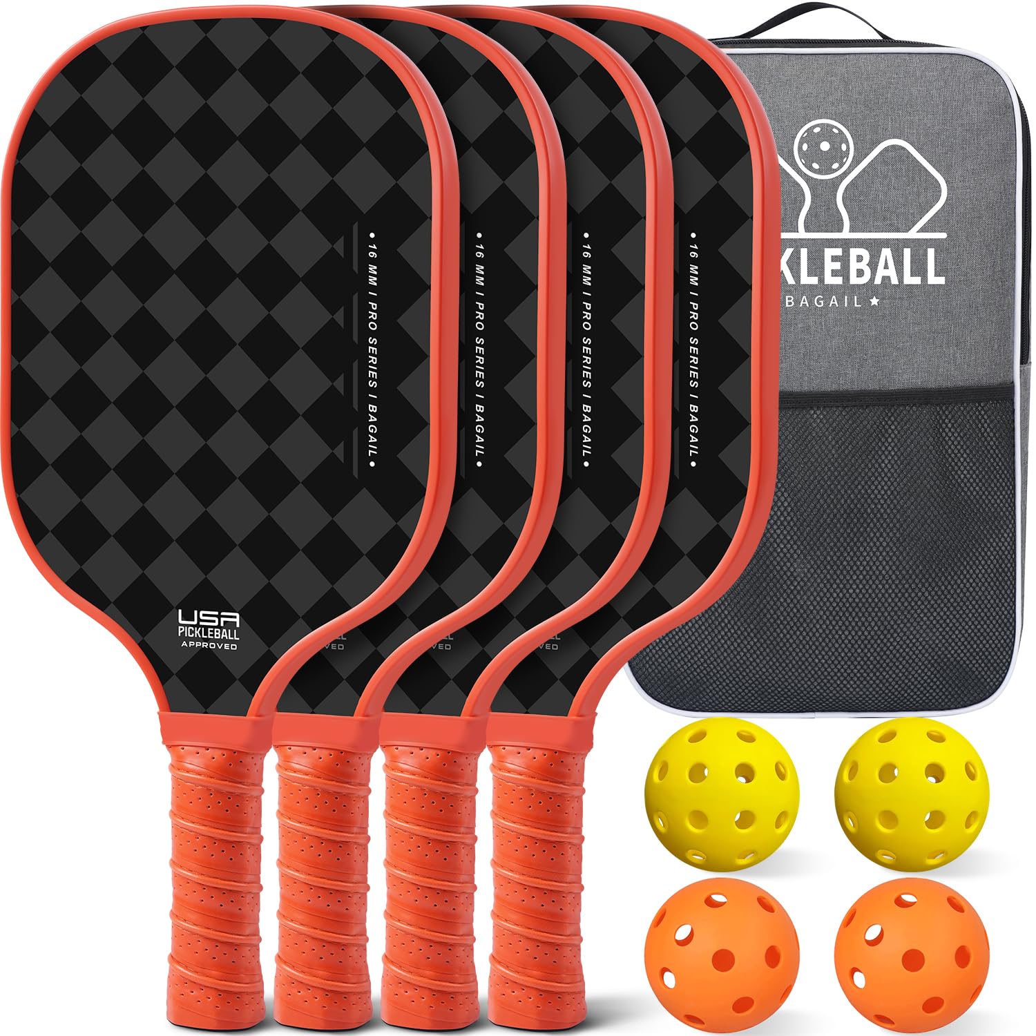

BAGAIL Pickleball Paddle Racket USAPA Approved Honeycomb Non-slip Sweat-Absorbing Grip 4 Pieces with Carry Bag and Pickleballs Gift Set 4 Orange