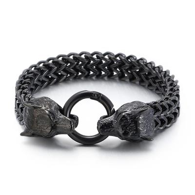 European and American Simple and Generous Double Wolf Head -plated Titanium Steel Men's Bracelet