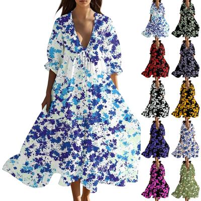 Damen Sommer Mode V-Ausschnitt Retro Blumenmuster Kurzarm Strandkleid Mit Spitze Patchwork Kleid