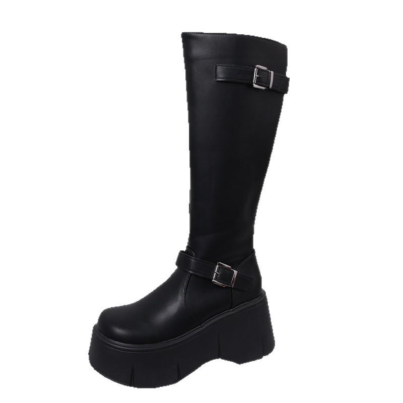 Retro French black platform boots women's 2025 new summer small fat mm thin and heightened knight boots