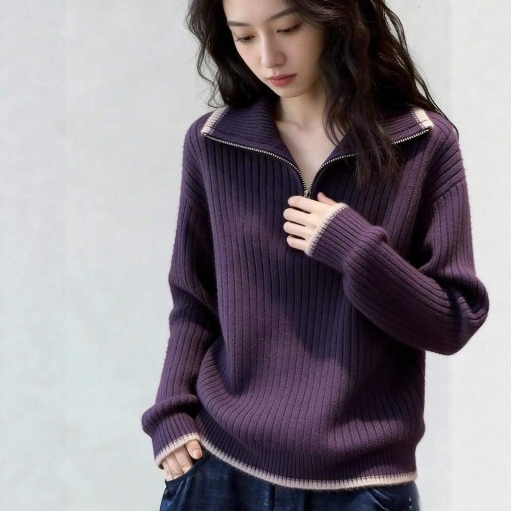 Women's Sporty Grape Purple Striped Half-Zip Sweater - Autumn 2026 Korean Style