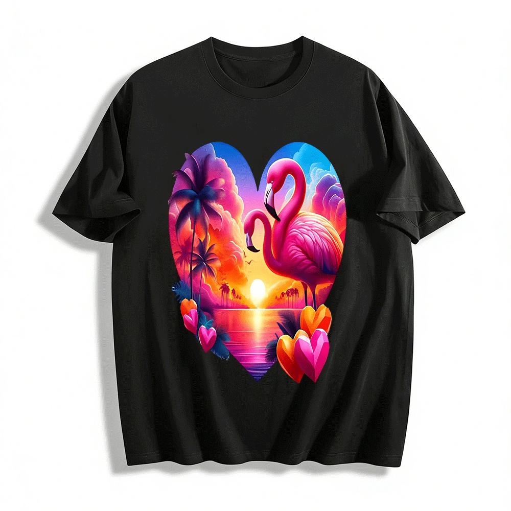 Tropical Sunset Flamingo Heart Graphic Casual Short Sleeve Tee Pure cotton T-shirt XXS