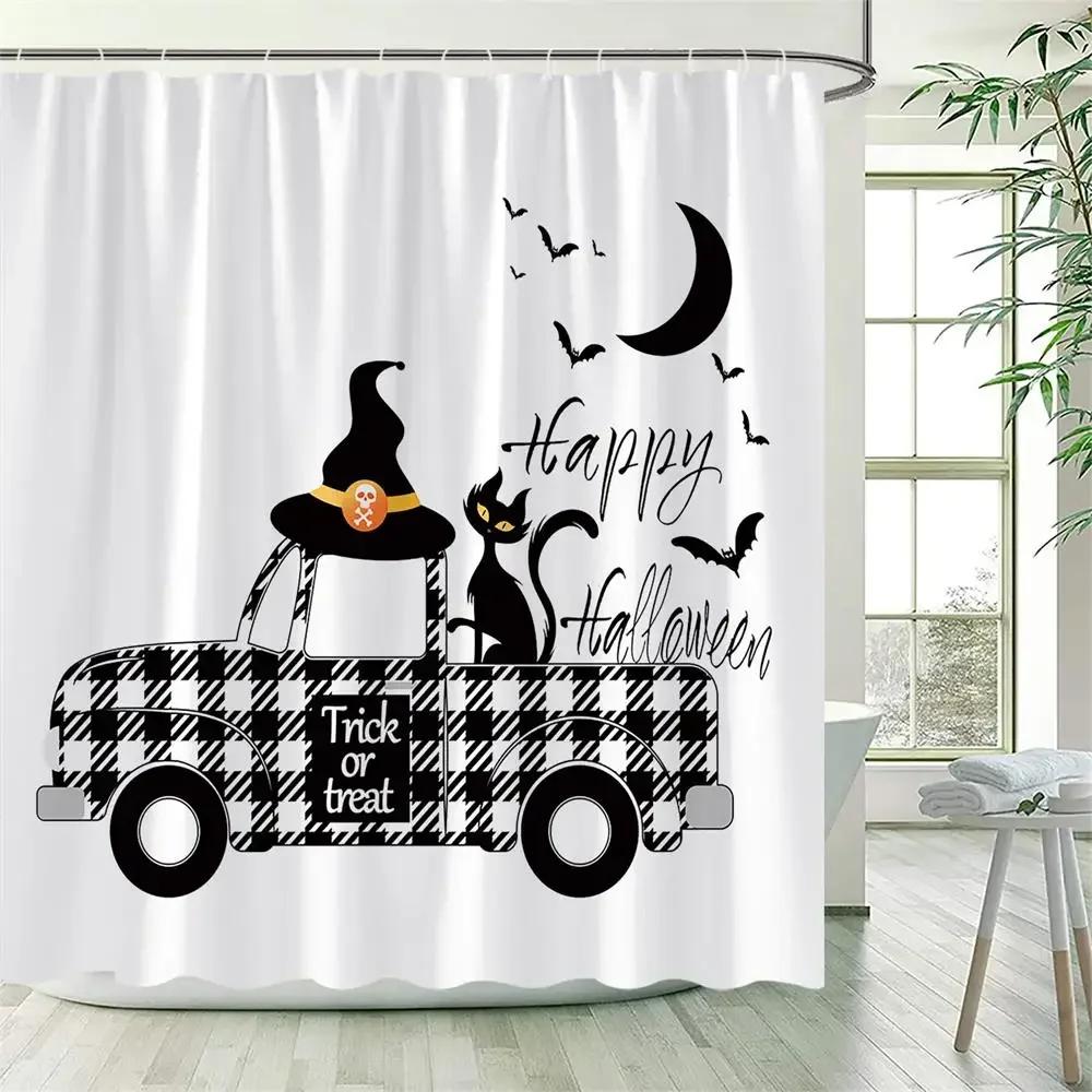 

Happy Halloween Shower Curtain Magic Witch Spider Web Pumpkin Bat Black White Halloween Cloth Bathroom Curtains Decor W60H190(CM)-1 Pcs