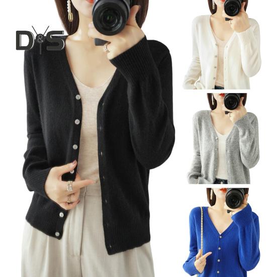Spring Summer Knitting Cardigan V-Neck Long Sleeve Ribbed Cuffs Sweater Solid Color Single Breasted Stretchy Knitwear
