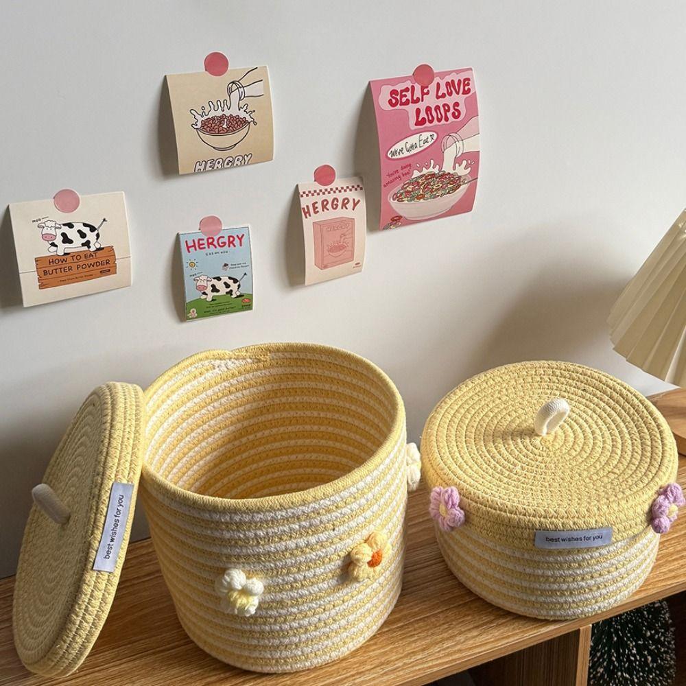 Cotton Tead Woven Storage Basket Red White Organizer Basket Cartoon Covered Basket Women Use