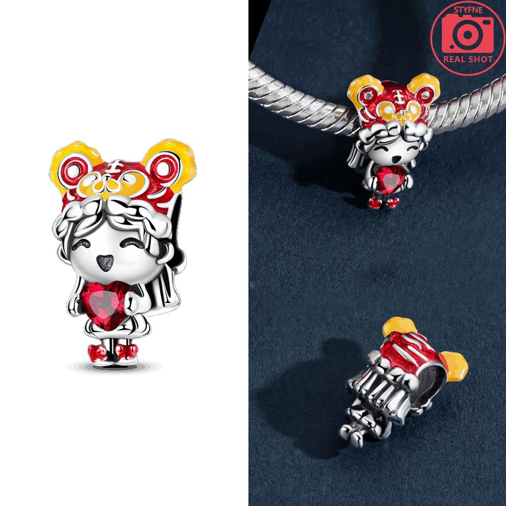 Authentic copper Red Heart Love Zircon Cat for New Year Christmas Lovely Bead Charms Compatible With Bracelets Delicate Accessory Jewellery Gift