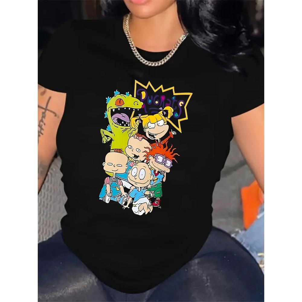 

Женская футболка с принтом персонажей мультфильма «Rugrats», повседневная, с круглым вырезом, из полиэстера и спандекса, модная, на каждый день, эластичная. M