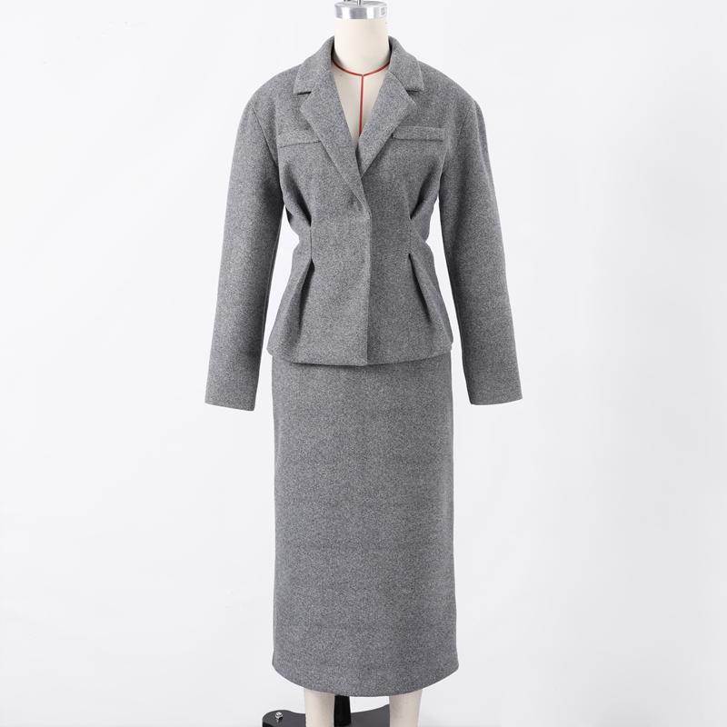 Woolen Blazer Coat Skirt Sets Women Notched Button Up Slim Jacket Zipper Skirt Suits 2 Pieces Female 2025 New Elegant Thicken Spring Autumn Set
