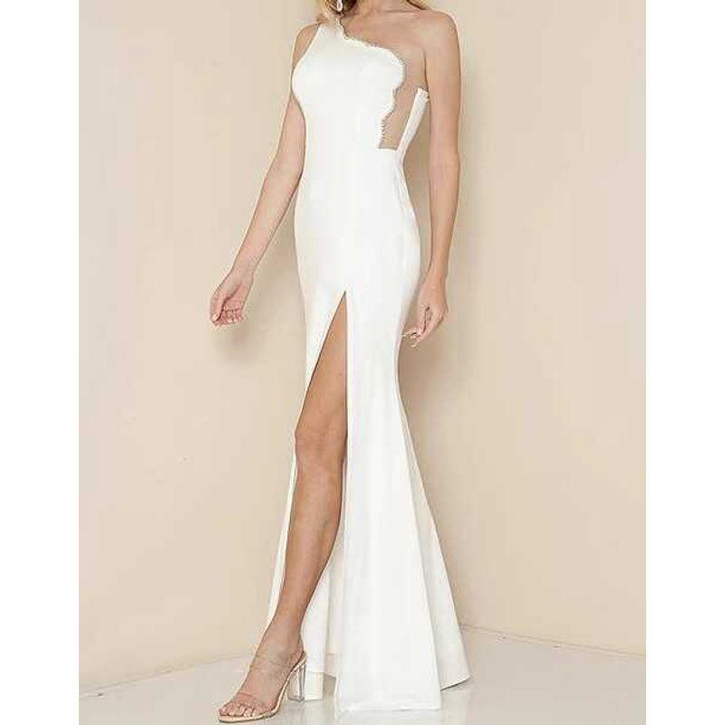 

Export Single Lu Home Diagonal Collar One Shoulder Strap Sexy Open Back Banquet Dress Chiffon Light Wedding Dress Split Dress White L
