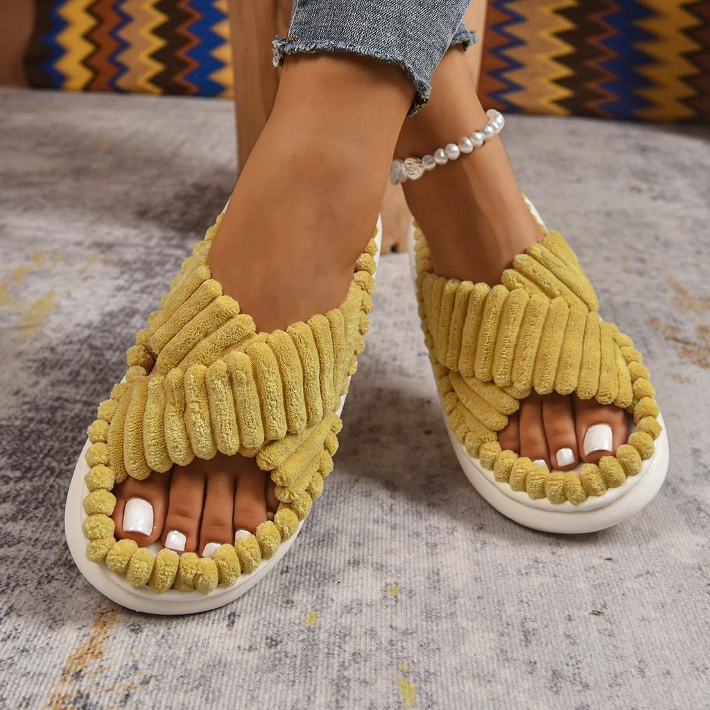 Fashion Cross Strap Slippers Women Fashion New Females Soft Corduroy Platform Home Slides Men Portable Warm Plush Sandals Women's Shoes