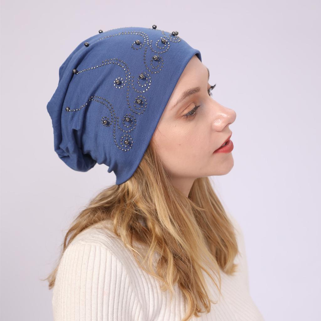 Autumn and Winter Men's and Women's Double Layer Pure Cotton Pearl Hot Diamond Pullover Hat Warm Confinement Hat Thin Casual Pile Hat