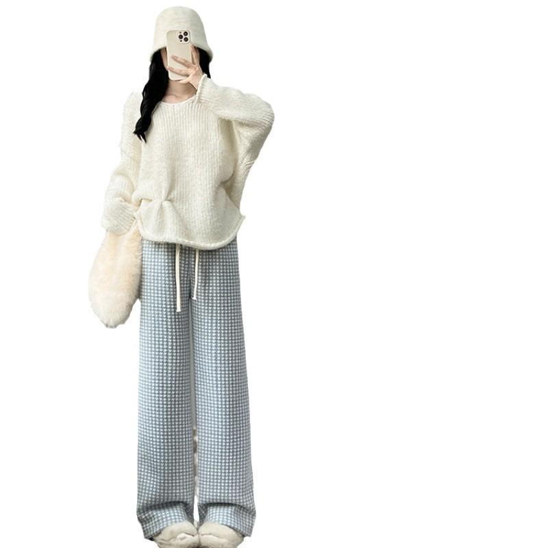 Autumn and winter new lazy style casual pants women's drape straight thin lamb wool thousand bird grid wide leg pants