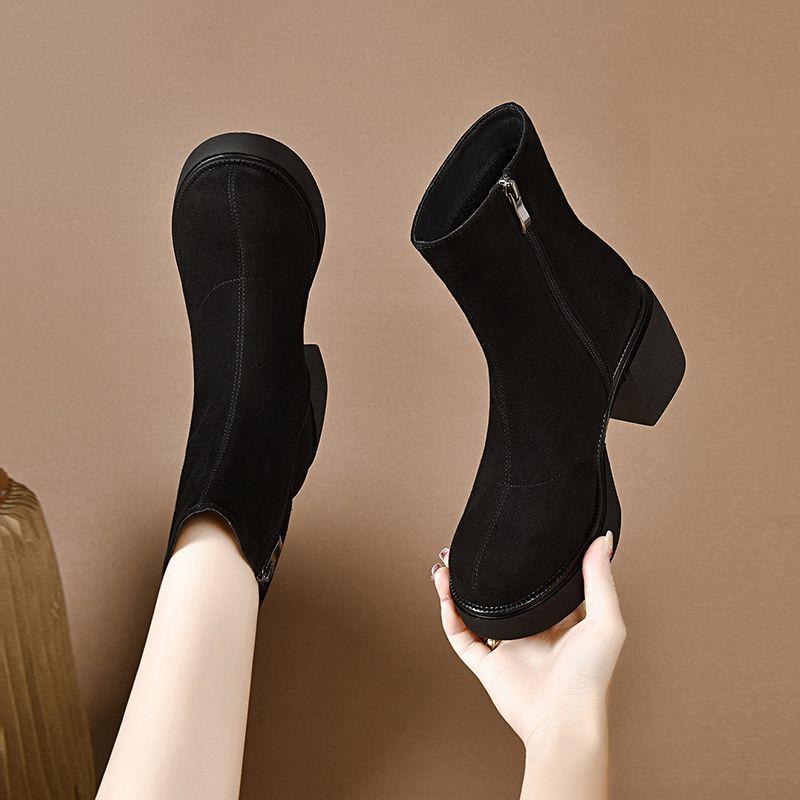 Women's Chunky Heel Ankle Boots - Matte Sheepskin, Thick Sole, Round Toe, Versatile for Autumn and Winter