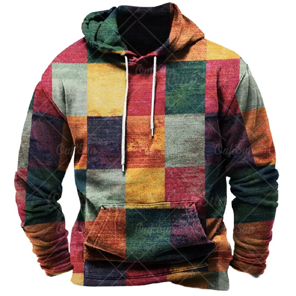 New Retro men s Hoodie 3d Plaid Printed Color Hoodie Sweatshirt Long Sleeve Pullover Street Men Casual Loose Top Comfortable S