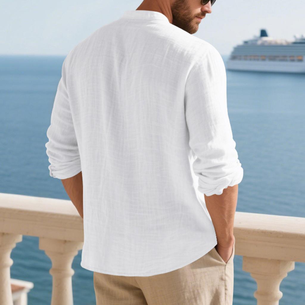 Men's Linen Button-down Shirt, Beach Shirt, Long-sleeved Plain-colored Stand-up Collar, Spring Casual Everyday Wear