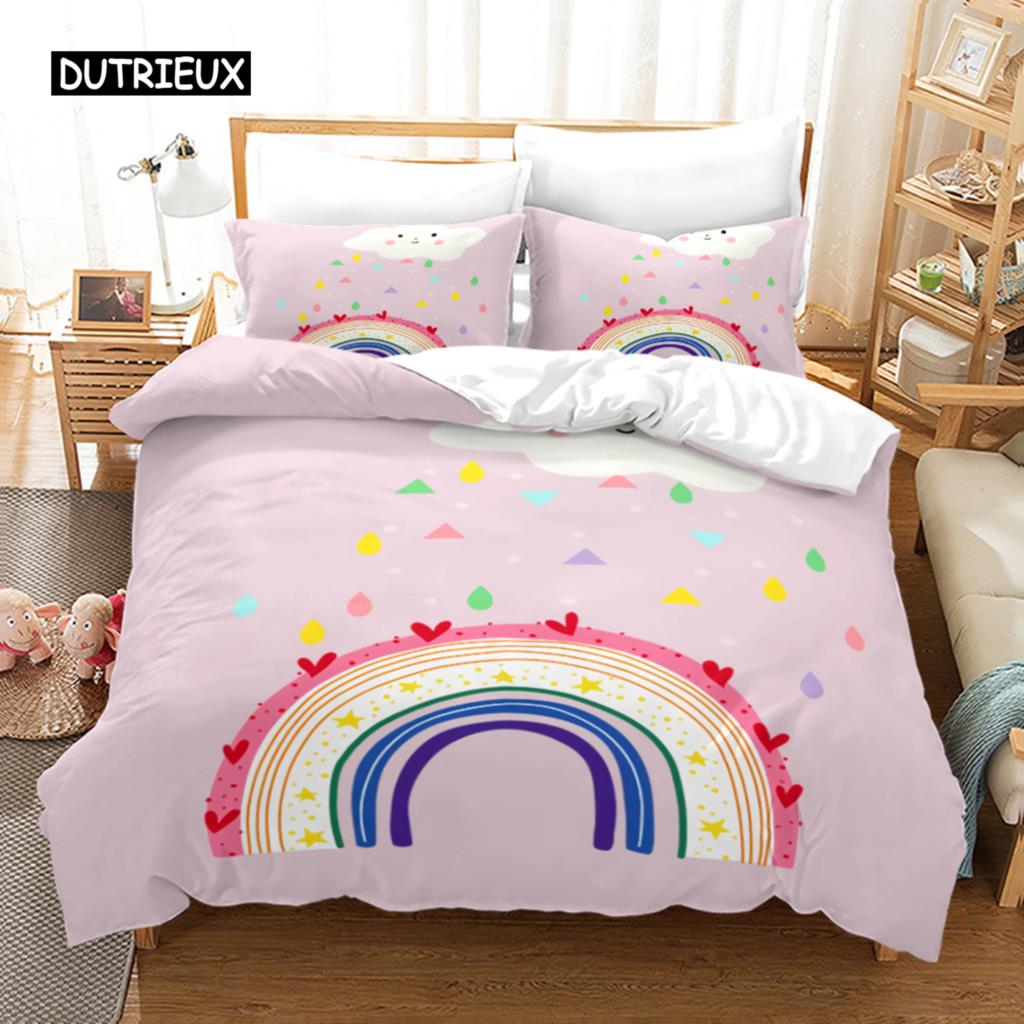 Duhová sada povlaku na přikrývku King Mikrovlákno Dívčí Estetický Duhy Ložní Sada pro Děti Kawaii Hrad Dezert Vzor Povlak na Prošívanou Přikrývku