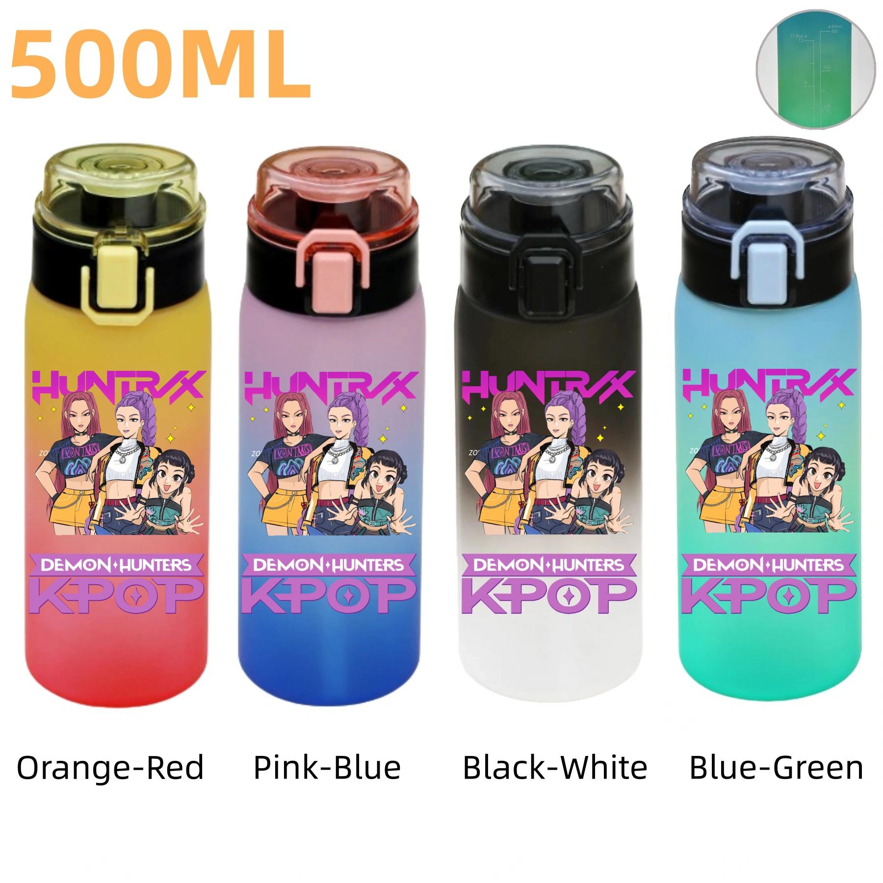 

500ML KPop Demon Hunters Plastic Anime Water Cup Has Scale Travel Office Gym Hiking Portable Drink Bottles Outdoor Sport Gifts Pink-Blue-1PCS